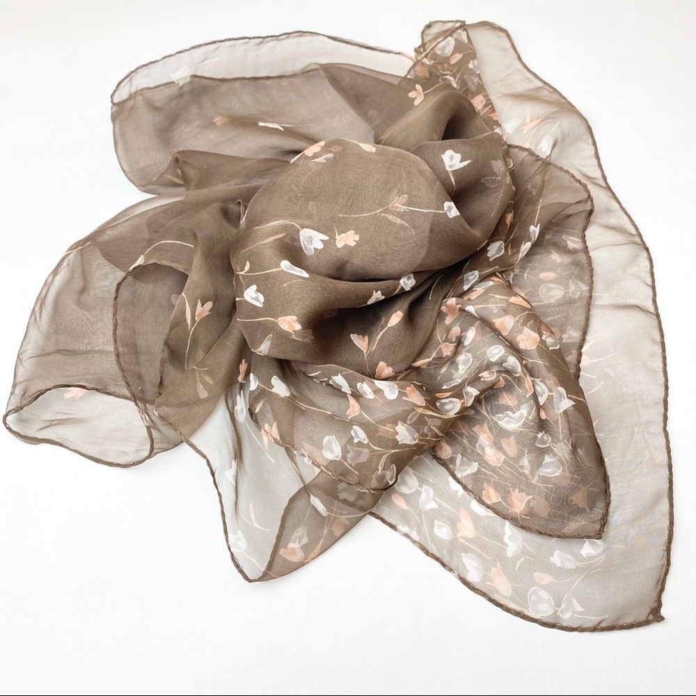 Silk See-Through Scarf Floral Print Long